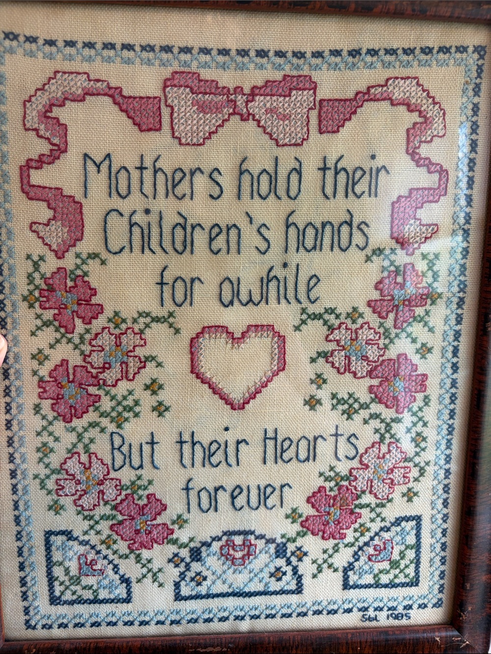 Vintage Embroidered Sentiment Wall Art - Pink & Blue Floral Cross-Stitch